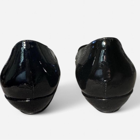 Stuart Weitzman Black Patent Leather Silver Buckle Peep-Toe Flats - Picture 5 of 9